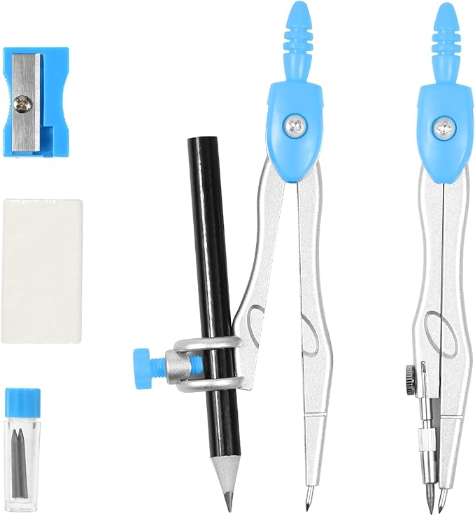 10 Pieces Math Geometry Kit Set Student Supplies with Shatterproof Storage Box,Includes Rulers,Protractor,Compass,Eraser,Pencil Sharpener,Lead Refills,Pencil,for School and Drawings(Blue)