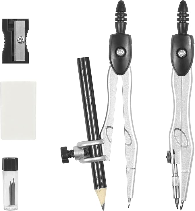 10 Pieces Math Geometry Kit Set Student Supplies with Shatterproof Storage Box,Includes Rulers,Protractor,Compass,Eraser,Pencil Sharpener,Lead Refills,Pencil,for School and Drawings(Black)