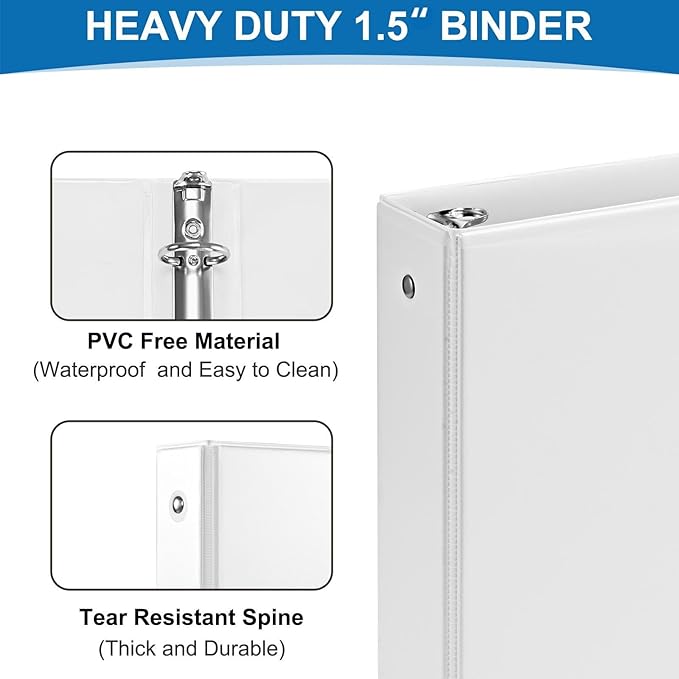 1.5 Inch 3 Ring Binder, 1-1/2“ Binder with 2 Interior Pockets, Durable White View Binders, Clear View Cover, Holds up to 325 Sheets US Letter Size, Perfect for Office/Home/School.(6 Pack)
