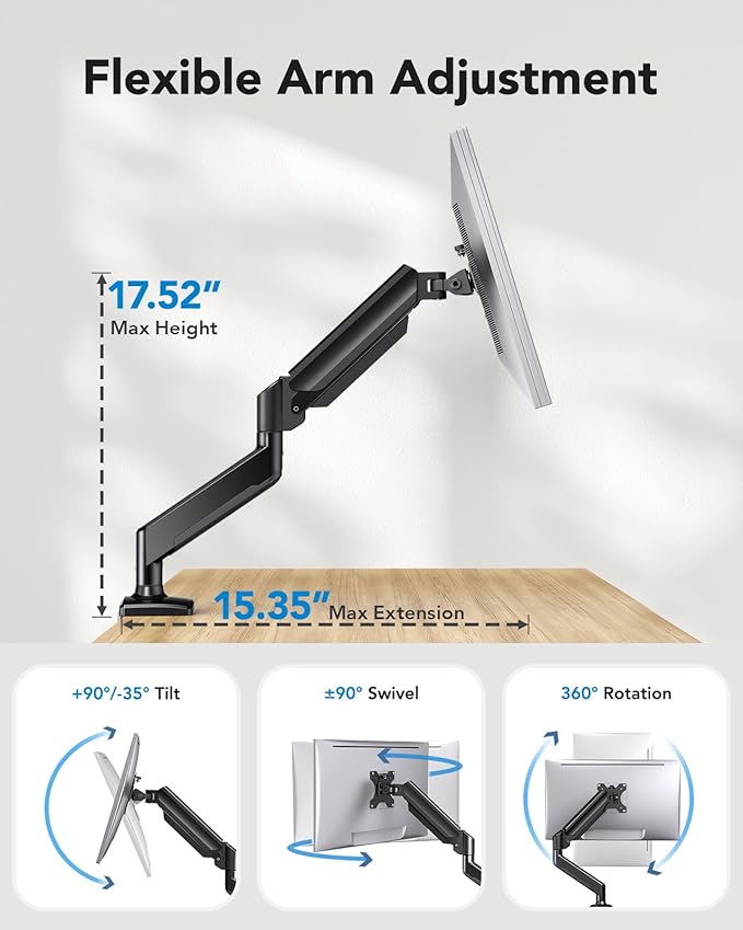 HUANUO Single Monitor Arm 13-34 Inch, Adjustable Gas Spring Arm, Monitor Desk Mount for 4.4-22lbs, VESA 75/100mm with C-Clamp/Grommet Base, Ergonomic Stand for Work/Gaming