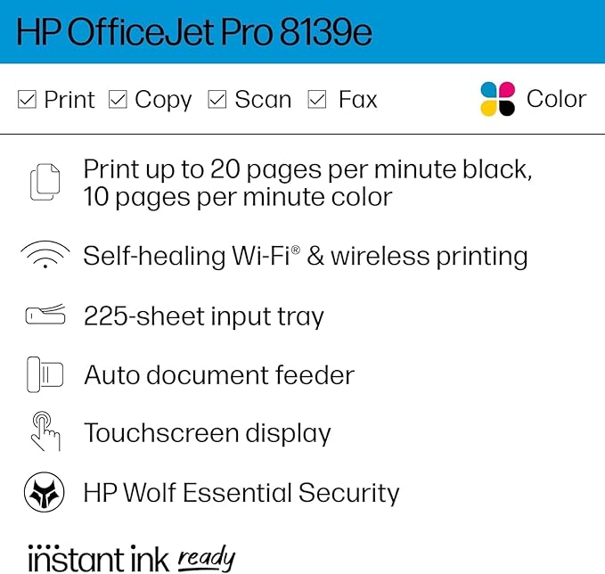 HP OfficeJet Pro 8139e Wireless All-in-One Color Inkjet Printer, Print, scan, Copy, fax, ADF, Duplex Printing Best-for-Home Office, 1 Year of Instant Ink Included (Renewed Premium)