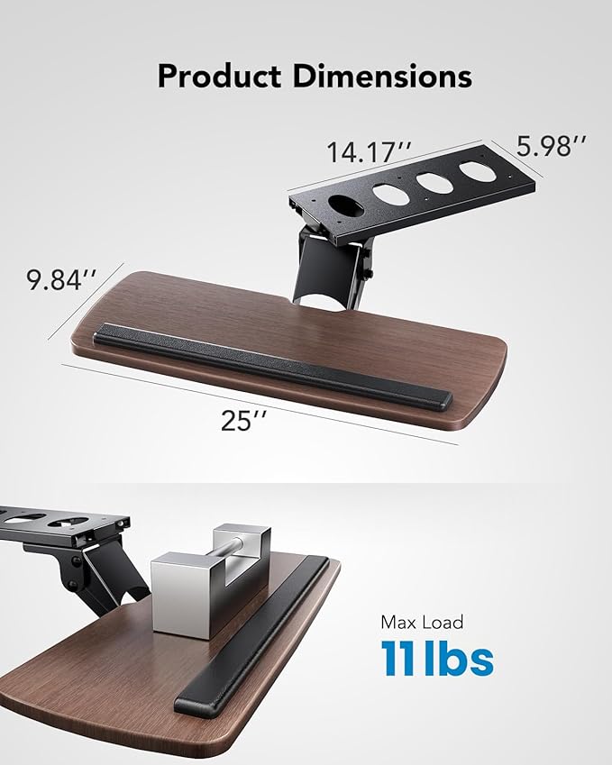 HUANUO Keyboard Tray Under Desk,360 Adjustable Ergonomic Sliding Keyboard & Mouse Tray, 25" W x 9.8" D, Brown