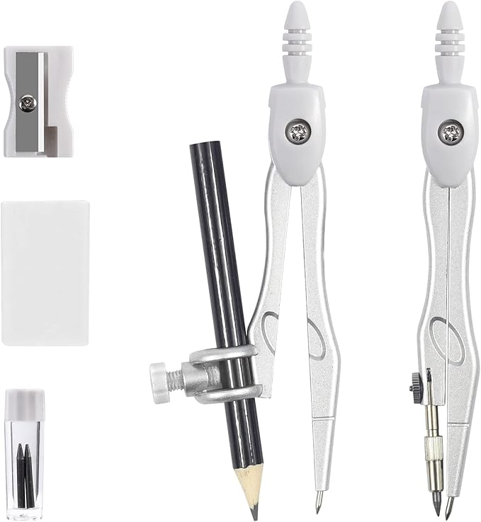 10 Pieces Math Geometry Kit Set Student Supplies with Shatterproof Storage Box,Includes Rulers,Protractor,Compass,Eraser,Pencil Sharpener,Lead Refills,Pencil,for School and Drawings(Grey)