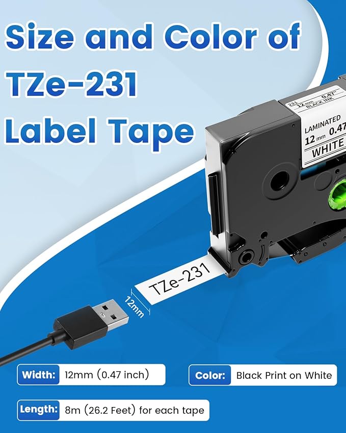 10-Pack Replace for Brother P Touch Label Maker Tape TZe-231 TZe TZ Tape 12mm 0.47 Laminated White TZe231 Label Tape for Brother Ptouch PT-D210 PT-D220 PT-H110 PT-D610BT PT-D600 PT-D410 PT-D400 PTH111