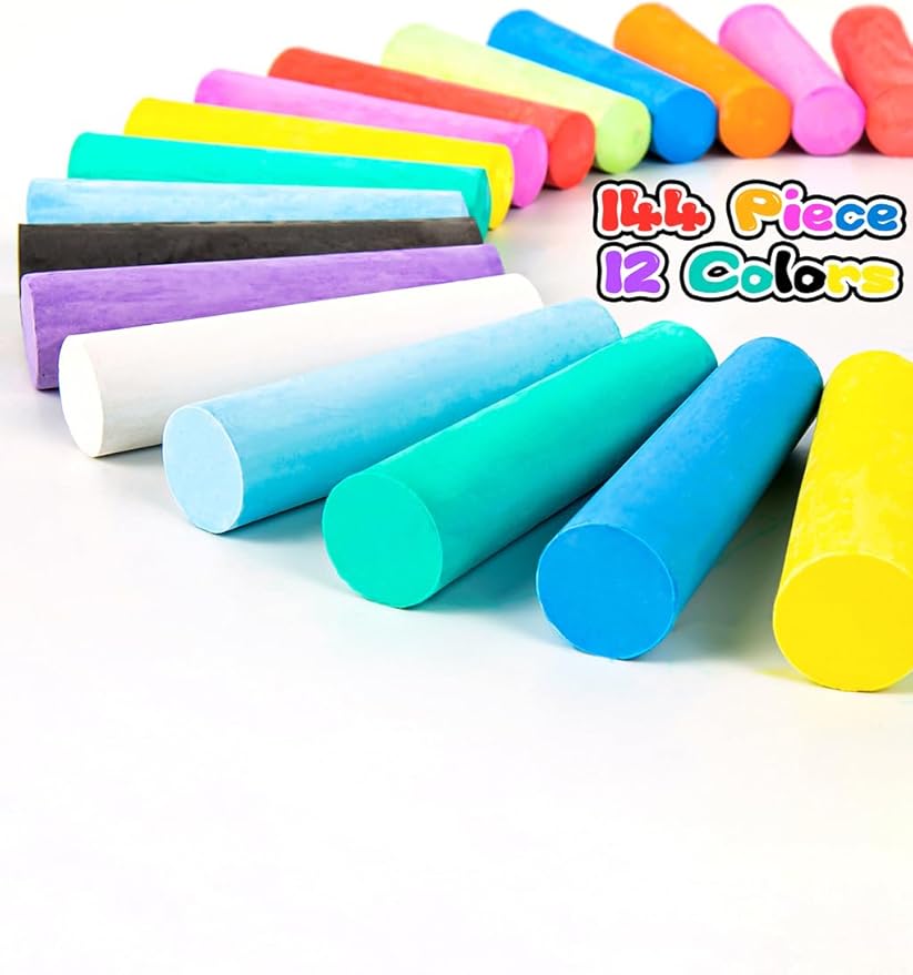 144PCS Washable Sidewalk Chalks Set in 12 Colors Non-Toxic Coloured Chalk Pavement for Kids Jumbo Chalk for Toddler Painting on Blackboard, Playground, Party