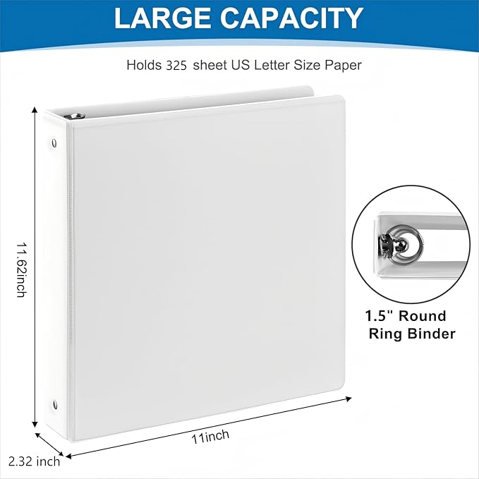 1.5 Inch 3 Ring Binder, 1-1/2“ Binder with 2 Interior Pockets, Durable White View Binders, Clear View Cover, Holds up to 325 Sheets US Letter Size, Perfect for Office/Home/School.(6 Pack)