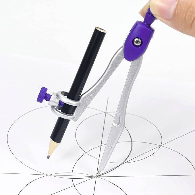 10 Pieces Math Geometry Kit Set Student Supplies with Shatterproof Storage Box,Includes Rulers,Protractor,Compass,Eraser,Pencil Sharpener,Lead Refills,Pencil,for School and Drawings(Purple)