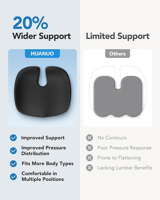 HUANUO Seat Cushion for Office Chairs, Extra Large Desk Chair Cushion for Back Pain Tailbone Pain Relief, Ergonomic Memory Foam Car Seat Cushion, Wheelchair Cushions for Long Sitting, Anti-Slip Bottom