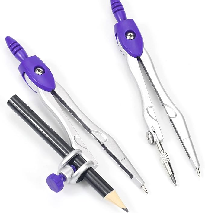 10 Pieces Math Geometry Kit Set Student Supplies with Shatterproof Storage Box,Includes Rulers,Protractor,Compass,Eraser,Pencil Sharpener,Lead Refills,Pencil,for School and Drawings(Purple)