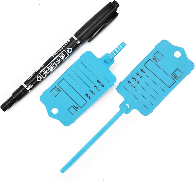 100 Car Key Tags with Labels Plastic Car Dealership Key Tags Self Locking Automotive Identifiers Blank Shop Labels with One Pen (Blue)