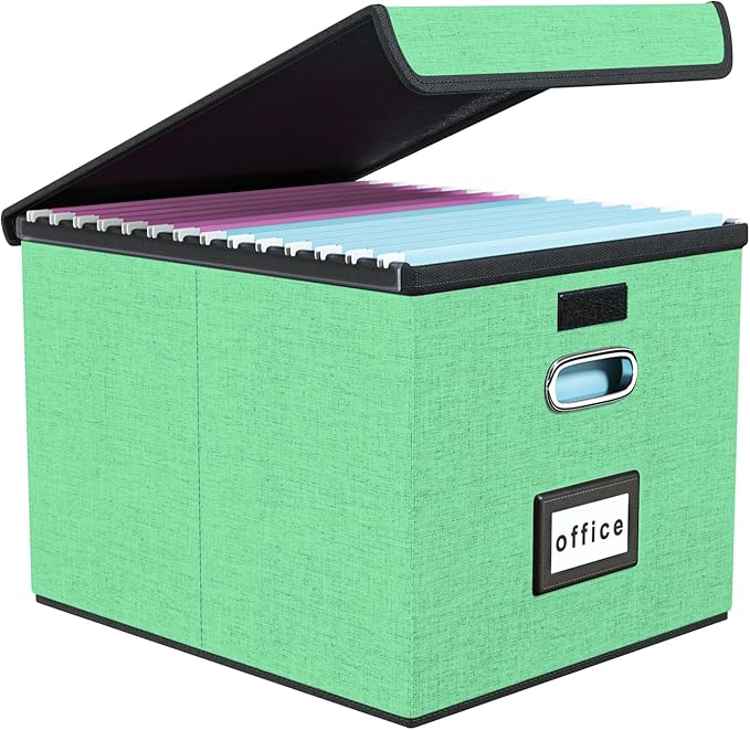 Huolewa Decorative File Organizer Box with Lid, Collapsible File Storage Organizer Boxes with Lids, Linen Hanging Filing&Storage Boxes for Office/Decor/Home, Filing System for File and Folders Storage