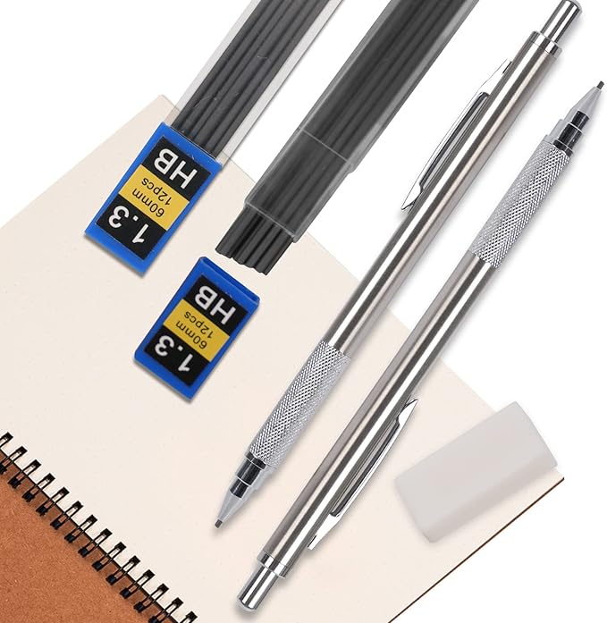 1.3 mm Mechanical Pencil Set with 4 Tubes Lead Refills,2 Eraser,1.3mm Mechanical Pencils,Metal Drafting Pencil, Lead Holder,Drawing Mechanical Pencils,Carpenter Pencils for Marking, Sketching