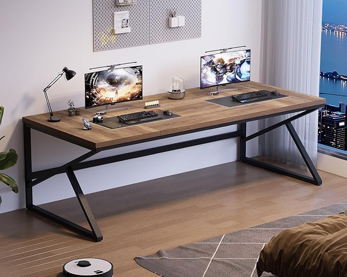 HSH Extra Large Home Office Desk, Rustic Wood and Metal Computer Desk for 2 People, 78 Inch Long Executive Writing Study Gaming Double Desk Workstation, Bedroom Living Room PC Table for 2 Monitors
