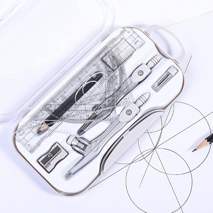 10 Pieces Math Geometry Kit Set Student Supplies with Shatterproof Storage Box,Includes Rulers,Protractor,Compass,Eraser,Pencil Sharpener,Lead Refills,Pencil,for School and Drawings(Grey)
