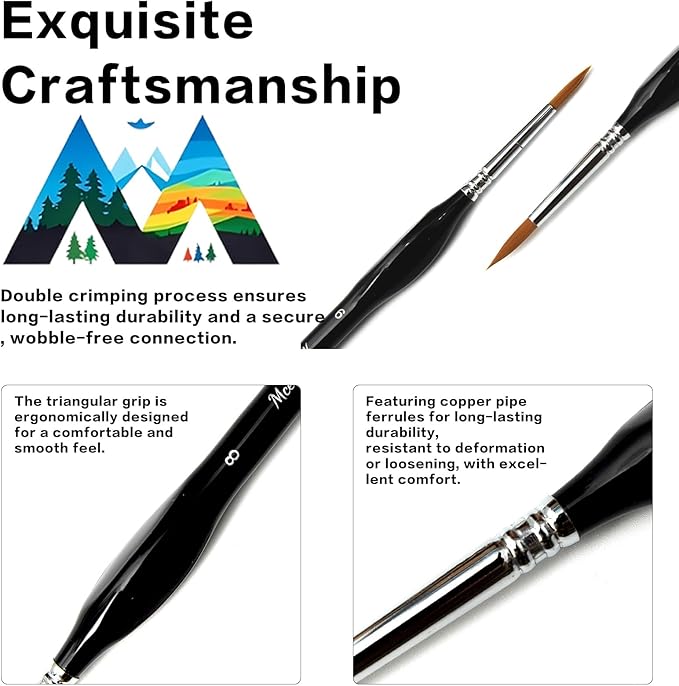 10 Pieces Exquisite Detail Paint Brush Set with Copper Tube and Special Double - Wire - Binding Process,Birch Wood Pen,Triangular Grip. Suitable Oil, Watercolour, Acrylic, Digital Painting