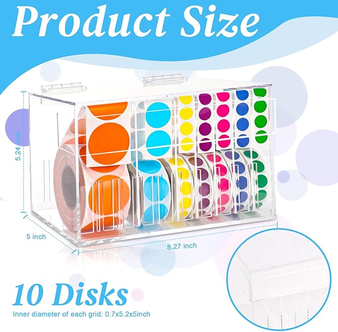 10 Disks Adjustable Label Dispenser with Lid 7.7 * 5.5 * 5.2 Inches Acrylic Sticker Dispenser Sticker Roll Holder for Holding Multi-Label Sticker Tape Date Markers Label Office (Not Include Sticker)