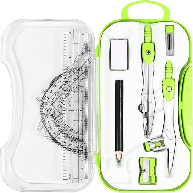 10 Pieces Math Geometry Kit Set Student Supplies with Shatterproof Storage Box,Includes Rulers,Protractor,Compass,Eraser,Pencil Sharpener,Lead Refills,Pencil,for School and Drawings(Green)