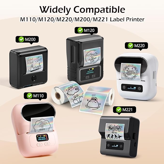 HuiJuKeJi 2 Rolls Holographic Silver Thermal Labels Paper for Phomemo M110 M200 M220 M221,50x50MM Round&Square,Waterproof Self-Adhesive Mini Printer Laser Stickers for DIY Glitter Labels/Thanks Card