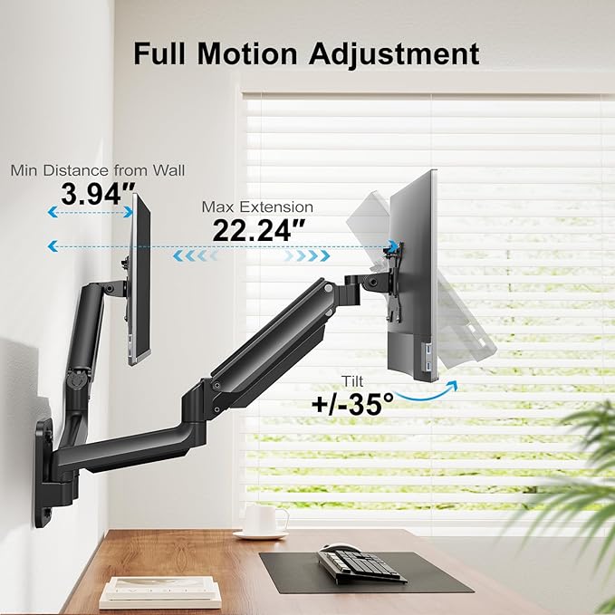 HUANUO Dual Monitor Wall Mount with Gas Spring Arms - 17-32 Inch Computer Screen Mount (4.4-17.6lbs Per Arm) - VESA 75x75/100x100 Height Adjustable Stand for Dual Monitors - Home Office Desk Setup