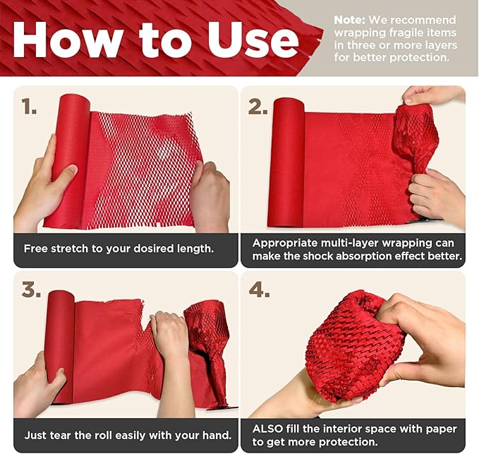 Honeycomb Packing Paper, 12"x150' Red | Perforated Honeycomb Packing Paper Recyclable Moving Supplies for Shipping & Moving | Plastic-Free Alternative to Bubble Cushion Wrap with 36 Fragile Stickers