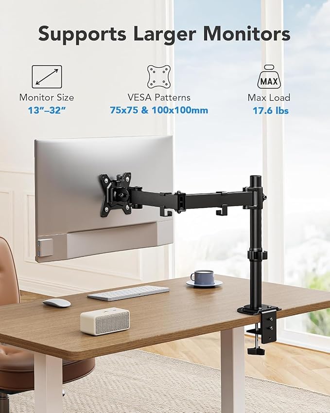 HUANUO Single Monitor Mount, Monitor Arm for 13”-32” Monitors up to 17.6 lbs, Adjustable Stand with 16” Max Height, Desk Mount with C-Clamp and Grommet Base, VESA 75x75mm or 100x100mm