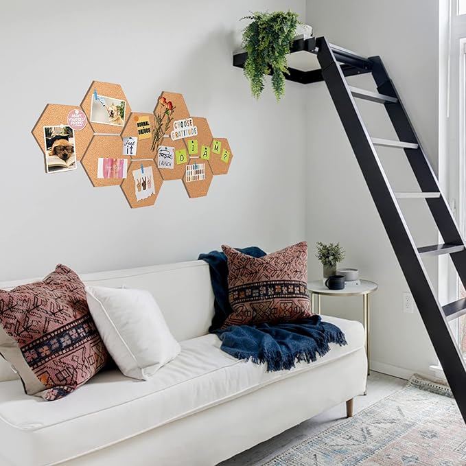 10 Pack Cork Bulletin Board Hexagon - Decorative Display Boards, 1/2" Thick Self-Adhesive Cork Board Tiles for Home Office Decor, School Message Board (10 Pcs)