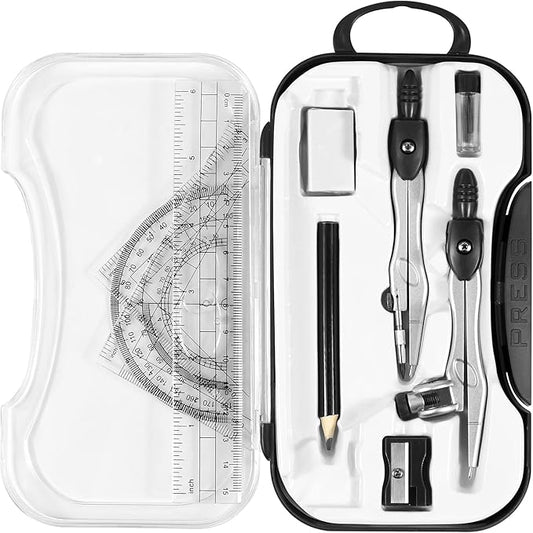 10 Pieces Math Geometry Kit Set Student Supplies with Shatterproof Storage Box,Includes Rulers,Protractor,Compass,Eraser,Pencil Sharpener,Lead Refills,Pencil,for School and Drawings(Black)