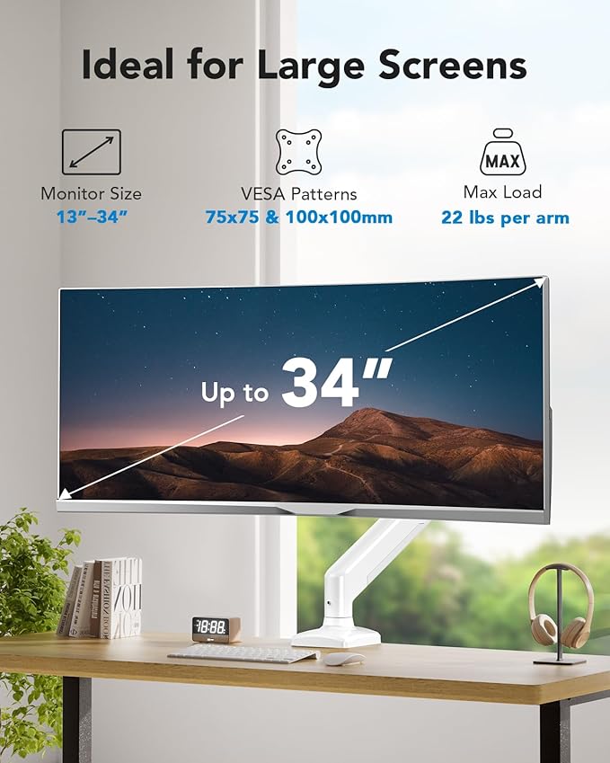 HUANUO Single Monitor Arm 13-34 Inch, Adjustable Gas Spring Arm, Monitor Desk Mount for 4.4-22lbs, VESA 75/100mm with C-Clamp/Grommet Base, Ergonomic Stand for Work/Gaming