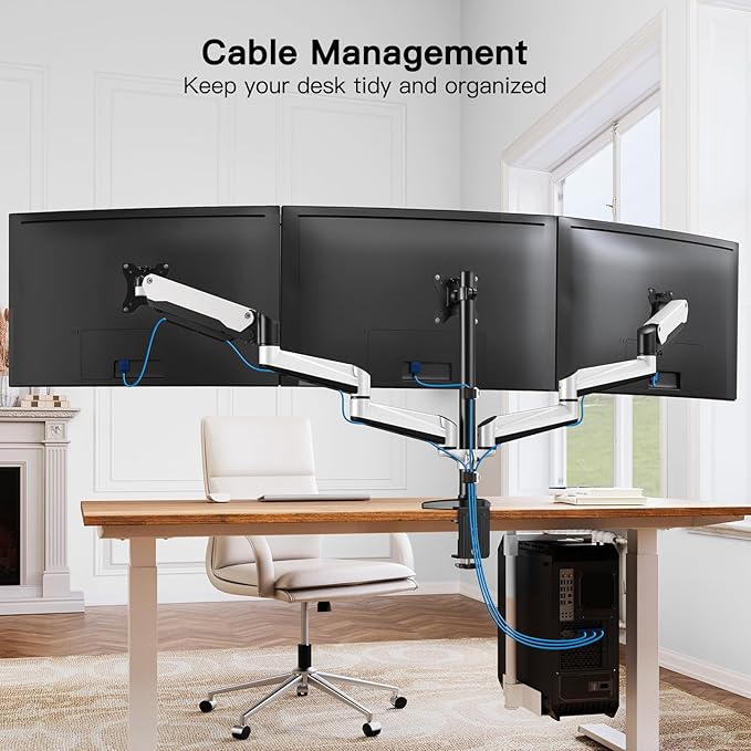 HUANUO Triple Monitor Stand - Full Motion Articulating Gas Spring Monitor Mount Fit Three 17 to 32 inch LCD Computer Screens with Clamp, Grommet Kit