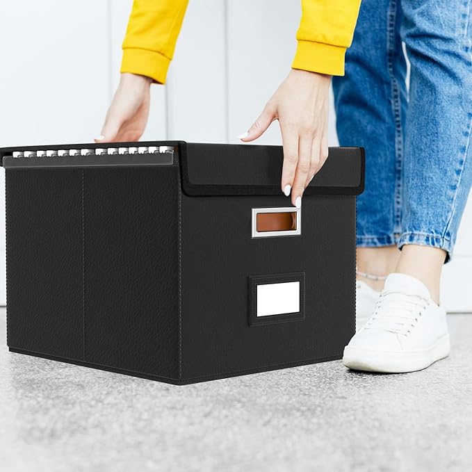 Huolewa File Organizer Boxes with Lids, Collapsible Faux Leather Hanging File Folder Box Organizer with Plastic Slide, Decorative Home/Office Filing System Boxes for File and Folders Storage