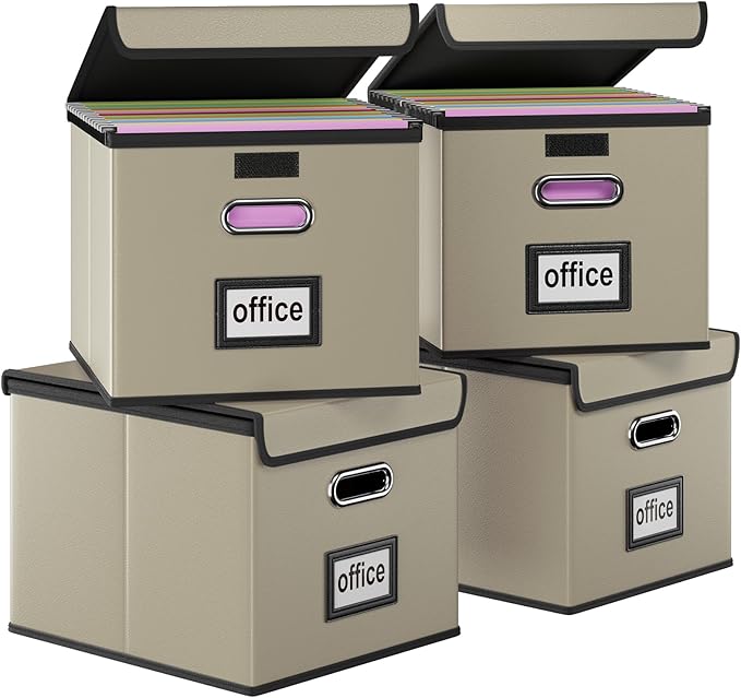 Huolewa Portable Leather File Organizer Boxes with Lids, Office Document Boxes Organizer, Filing Boxes, Decorative Small File Boxes for Hanging Files with Plastic Slide for Office/Decor/Home