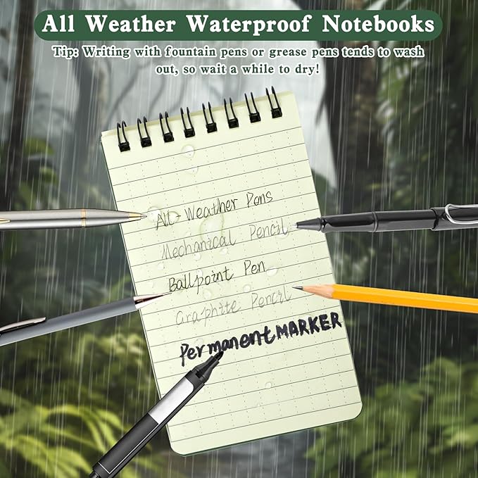 10 Pack Waterproof Notebook, All-Weather Pocket Sized Tactical Notepad, Top Spiral Memo Grid Paper Notepad for Outdoor Activities Recording(Army Green, 3"x5")