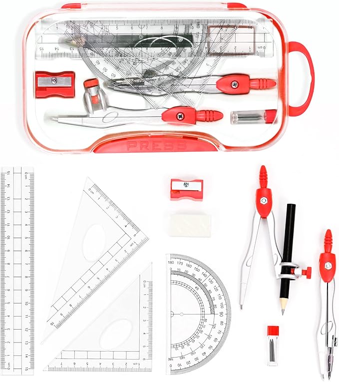 10 Pieces Math Geometry Kit Set Student Supplies with Shatterproof Storage Box,Includes Rulers,Protractor,Compass,Eraser,Pencil Sharpener,Lead Refills,Pencil,for School and Drawings(Red)