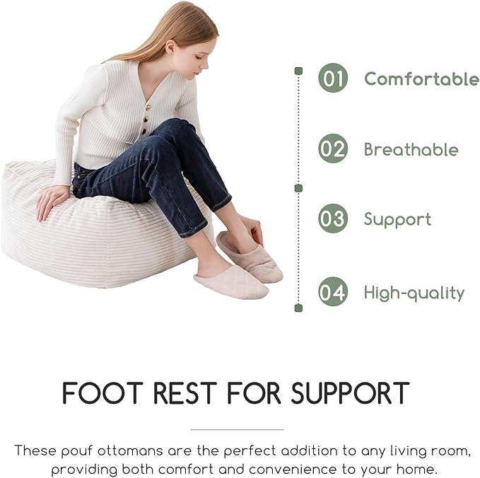 HIGOGOGO Square Stuffed Pouf Ottoman, Corduroy Poufs with Foam Chunk Filling, Furry and Fluffy Pouf Foot Stool Storage Ottoman, 25.6 X 25.6 Floor Poufs Foot Rest for Living Room, Beige