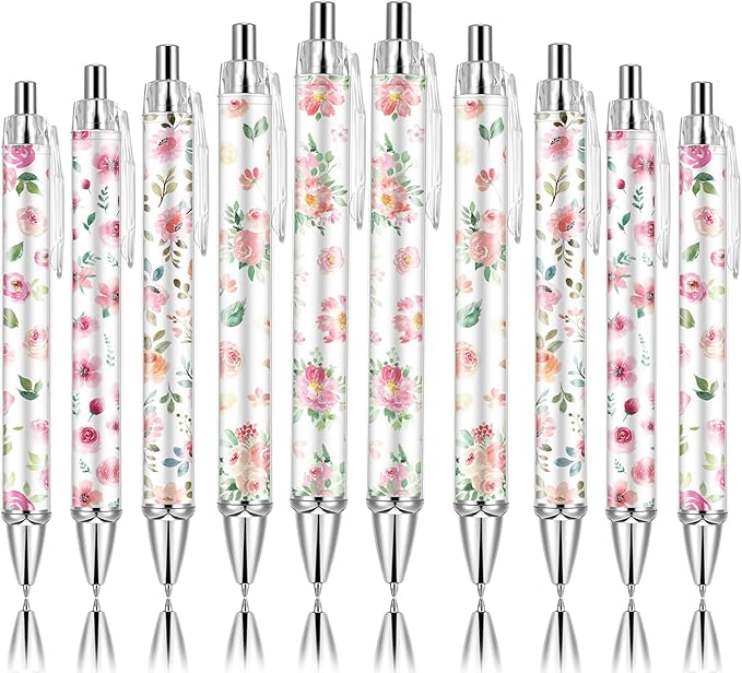 10 PCS Pink Floral Pens Flower Ballpoint Pens 0.5 mm Rollerball Tip Cute Fashionable Retractable Ballpoint Pen for Office Supplies Black Ink, Medium Point (Pink Flower, 10)