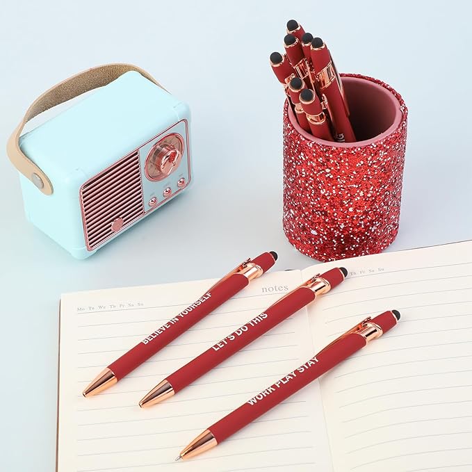 10 Pcs Ballpoint Pens with Pen Holder,Fine Point Smooth Writing Pens,Kawaii Pens For Writing Journaling Taking Notes School Office Home. (Red 10Pcs)