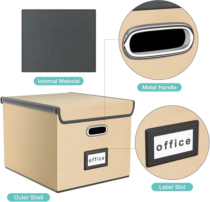 Huolewa File Organizer Box with Lid, Collapsible File Folder Organizer for Office Document Storage, Filing Box with Plastic Slide for Letter/Legal Size Hanging Files (Brown)