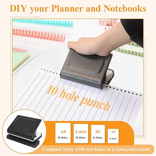 10 Hole Punch Binding Machine for Planners with 10 Multi-Color Binder Rings,30 Holes on A4,20 Holes on A5,26 Holes on B5,10 Sheet Capacity (Black)