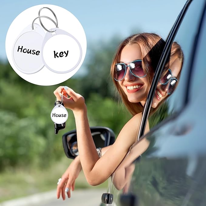 1.57 Inch Plastic Key Tags Round White Item Identifiers with Blank Paper Label Stickers and Pen, Metal Split Ring Tags Ideal for Home,Office and Rental Management Use,100 Pack