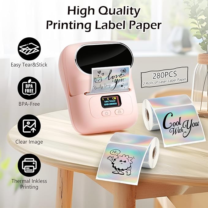 HuiJuKeJi 2 Rolls Holographic Silver Thermal Labels Paper for Phomemo M110 M200 M220 M221,50x50MM Round&Square,Waterproof Self-Adhesive Mini Printer Laser Stickers for DIY Glitter Labels/Thanks Card