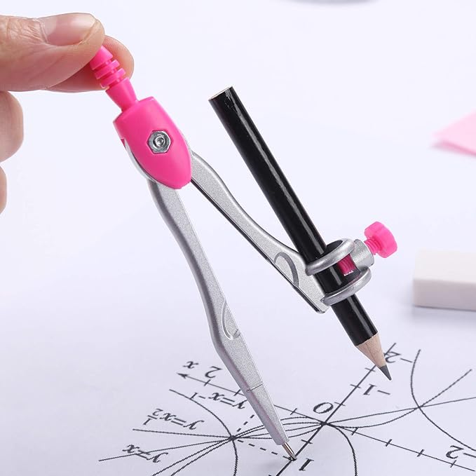 10 Pieces Math Geometry Kit Set Student Supplies with Shatterproof Storage Box,Includes Rulers,Protractor,Compass,Eraser,Pencil Sharpener,Lead Refills,Pencil,for School and Drawings(Pink)