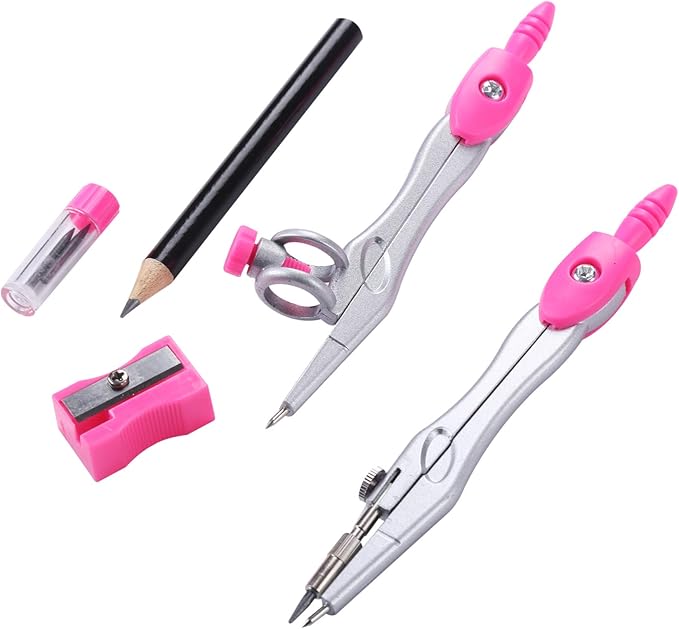 10 Pieces Math Geometry Kit Set Student Supplies with Shatterproof Storage Box,Includes Rulers,Protractor,Compass,Eraser,Pencil Sharpener,Lead Refills,Pencil,for School and Drawings(Pink)