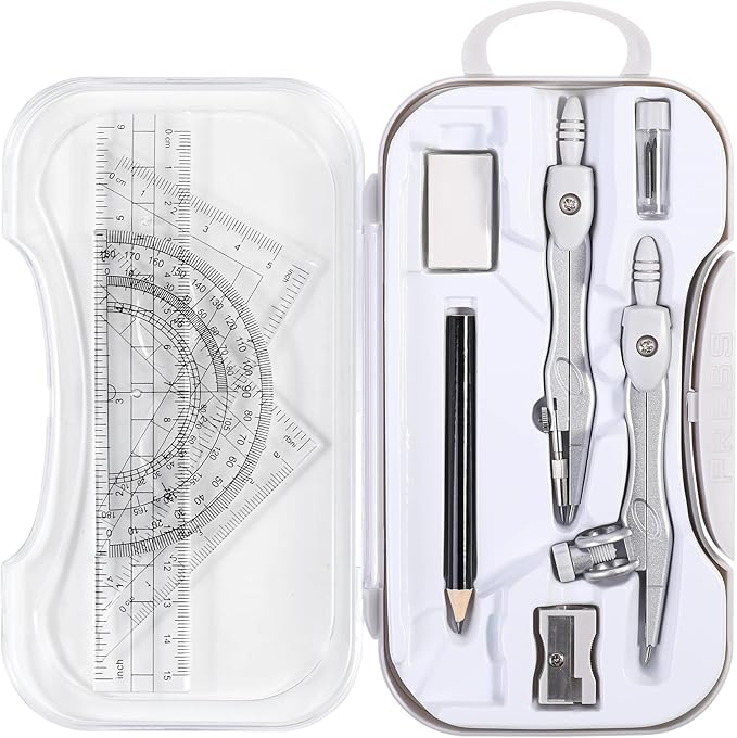 10 Pieces Math Geometry Kit Set Student Supplies with Shatterproof Storage Box,Includes Rulers,Protractor,Compass,Eraser,Pencil Sharpener,Lead Refills,Pencil,for School and Drawings(Grey)