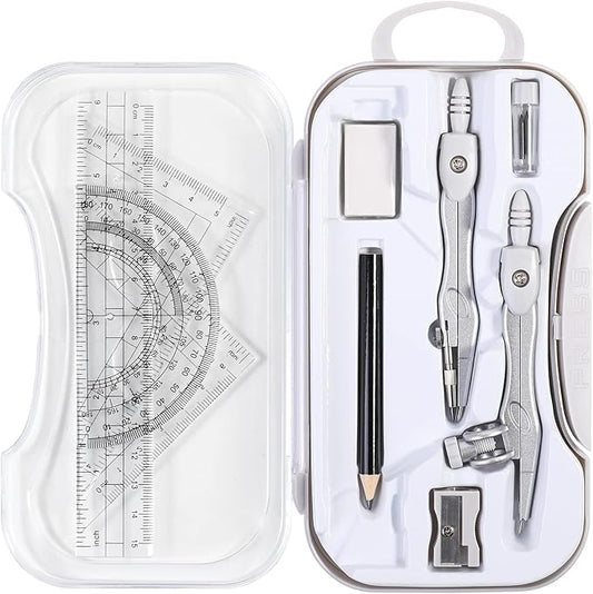 10 Pieces Math Geometry Kit Set Student Supplies with Shatterproof Storage Box,Includes Rulers,Protractor,Compass,Eraser,Pencil Sharpener,Lead Refills,Pencil,for School and Drawings(Grey)
