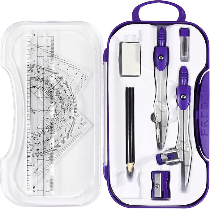 10 Pieces Math Geometry Kit Set Student Supplies with Shatterproof Storage Box,Includes Rulers,Protractor,Compass,Eraser,Pencil Sharpener,Lead Refills,Pencil,for School and Drawings(Purple)
