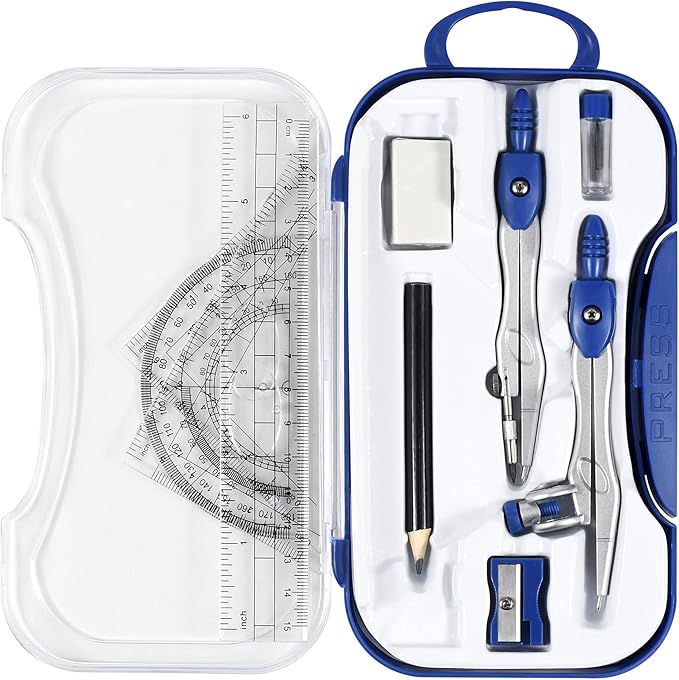 10 Pieces Math Geometry Kit Set Student Supplies with Shatterproof Storage Box,Includes Rulers,Protractor,Compass,Eraser,Pencil Sharpener,Lead Refills,Pencil,for School and Drawings(Navy Blue)
