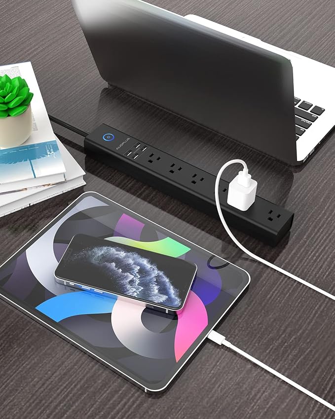 15 Ft Power Strip Surge Protector, 6 Outlets and 4 USB Ports, Flat Plug Power Strips Long Extension Cord with Overload Protection, Wall Mount for Home, Office, Dorm, ETL Listed Black