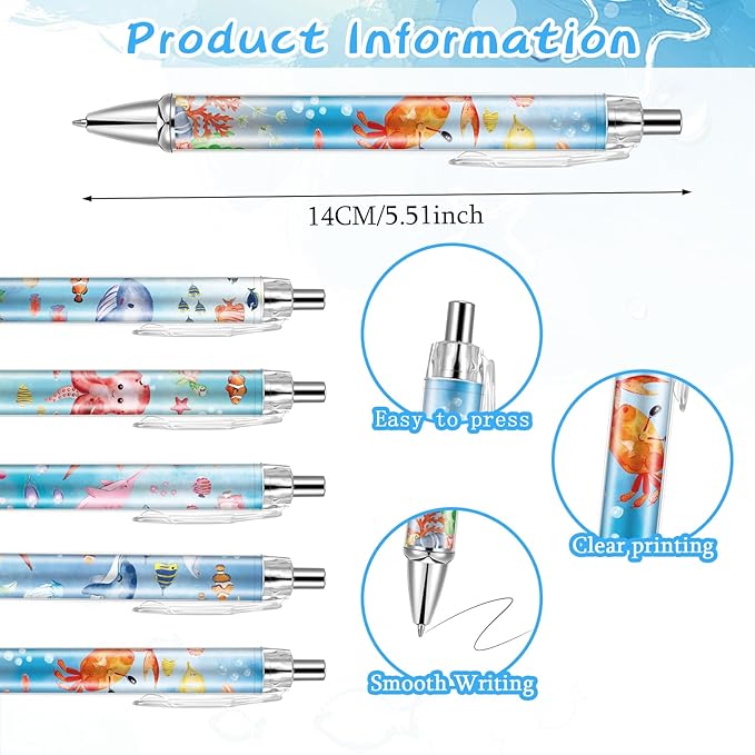 10 PCS Under Sea Ballpoint Pens Retractable Fish Shark Pens Under The Sea Party Favors with 1mm Black Ink Replaceable Ballpoint Pen Refill for Kids Birthday School Office Supplies(Under Sea,10)