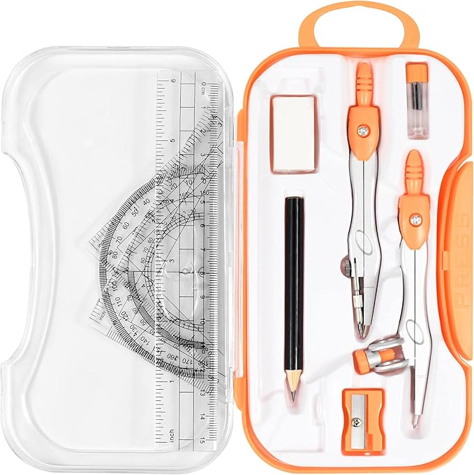 10 Pieces Math Geometry Kit Set Student Supplies with Shatterproof Storage Box,Includes Rulers,Protractor,Compass,Eraser,Pencil Sharpener,Lead Refills,Pencil,for School and Drawings(Orange)