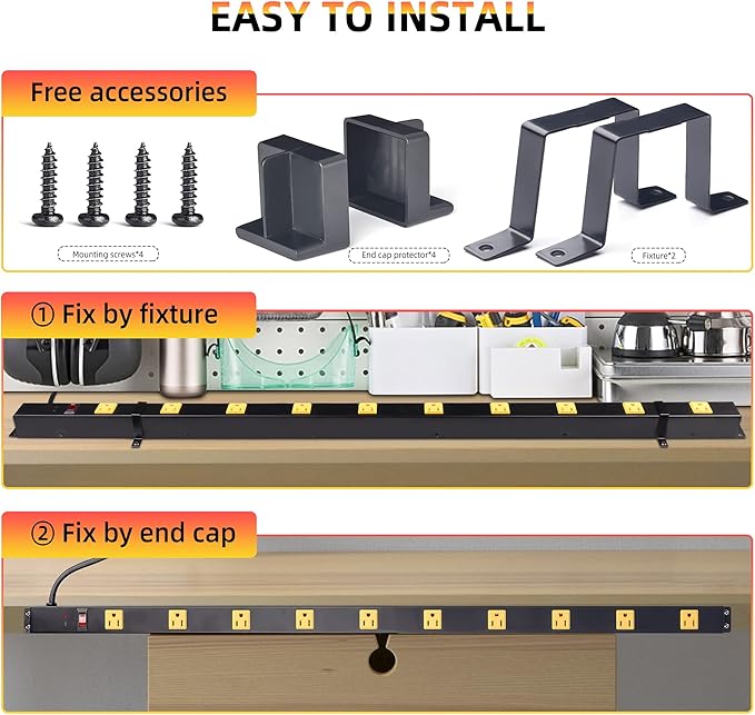 10 Outlet Long Power Strip Surge Protector, Heavy Duty Industrial Metal Power Strip 6 Feet, Wall Mountable, for Work Bench, Shop, Garage, Black (1000 Joules)